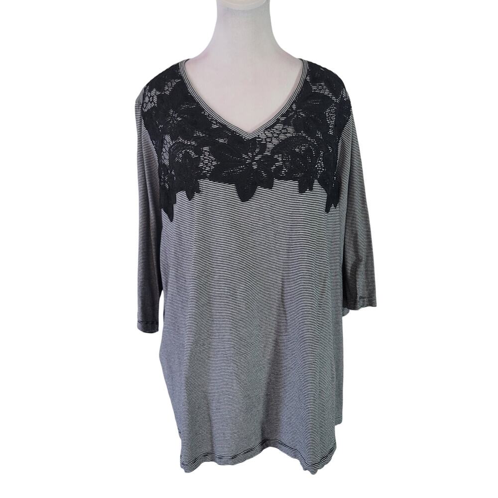 Catherines Size 3x WP Lace Floral Black White Striped Casual Tee Basics Feminine